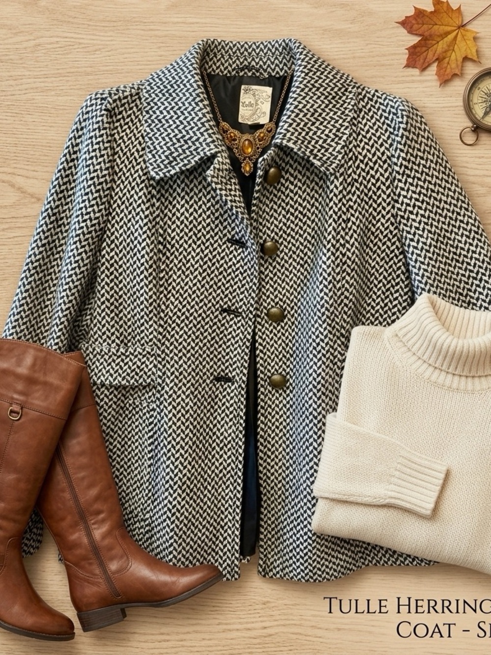 Vintage Tulle Herringbone Wool Blend Pea Coat Trench Coat Winter Jacket